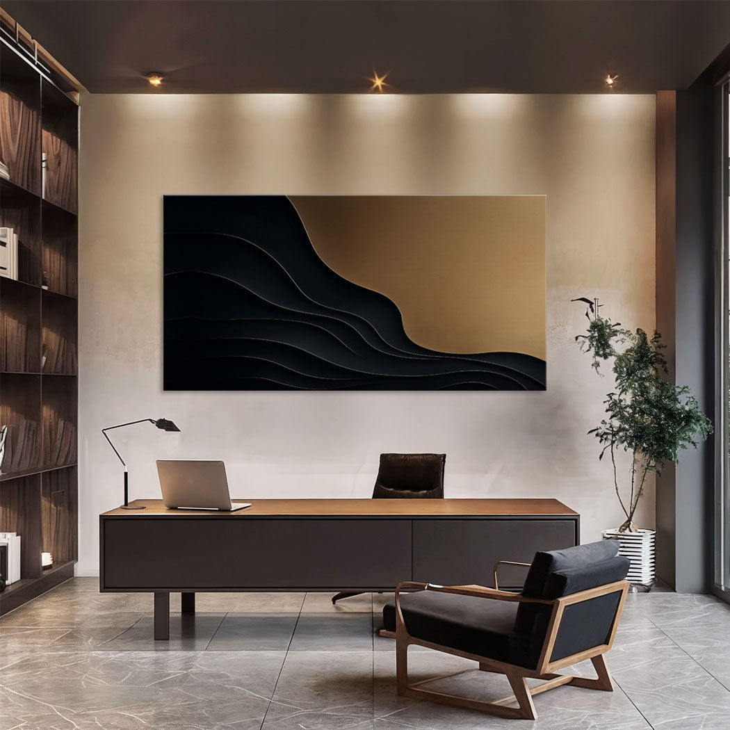 Black and gold minimalist abstract X on canvas by Tailored Canvases, modern wall art with sleek design and bold lines.