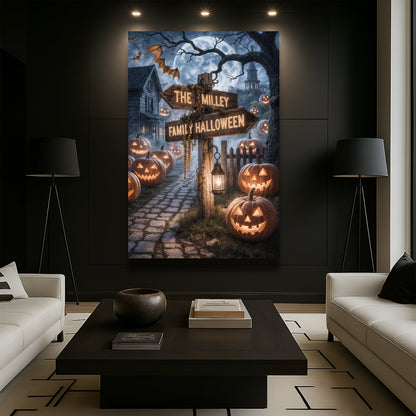 Personalized family name Halloween street sign canvas wall art with spooky design and custom text, perfect for Halloween home decor.