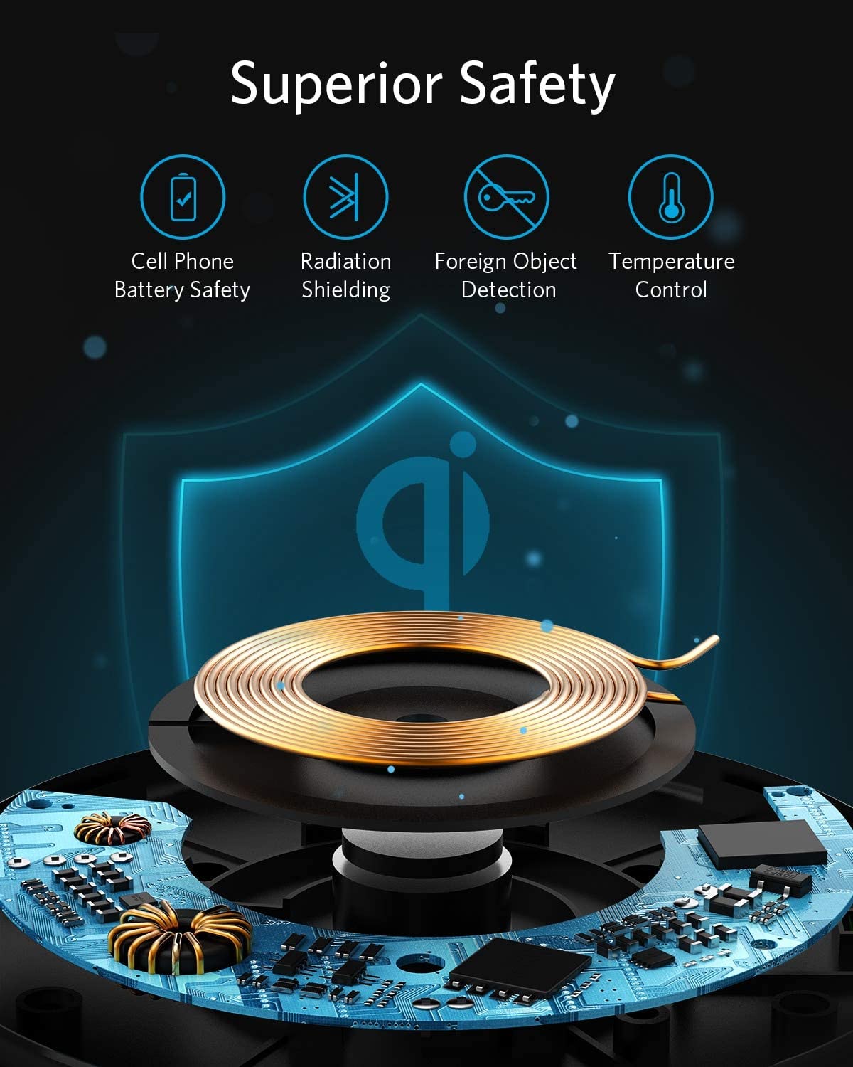 Anker 313 wireless charging pad for smartphones, sleek black pad with charging indicator light on the surface