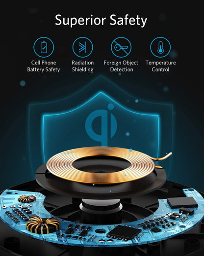 Anker 313 wireless charging pad for smartphones, sleek black pad with charging indicator light on the surface