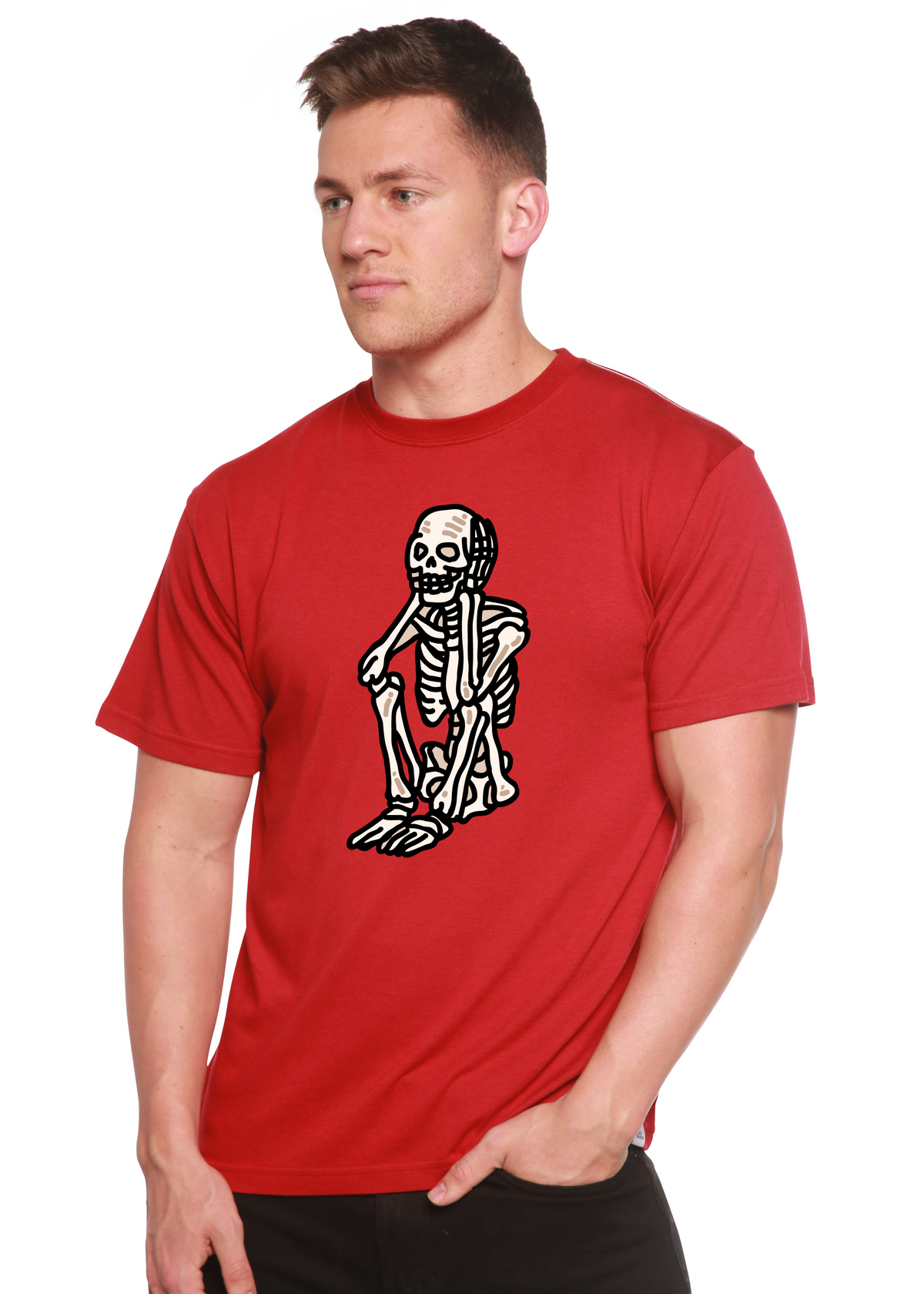 Men's Sad Skeleton Halloween T-shirt by Spun Bamboo, unisex short sleeve graphic tee in bamboo viscose and organic cotton fabric.