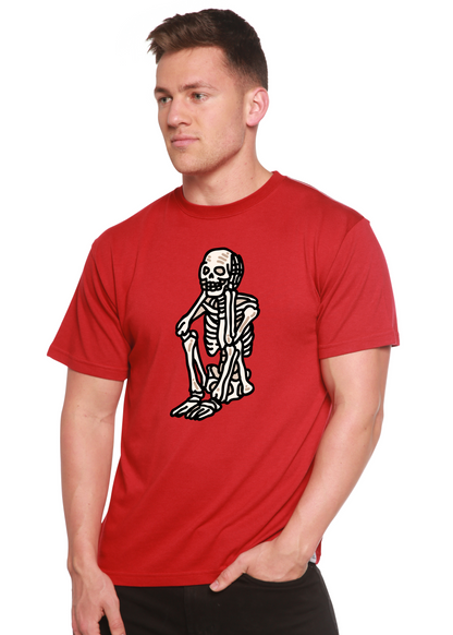 Men's Sad Skeleton Halloween T-shirt by Spun Bamboo, unisex short sleeve graphic tee in bamboo viscose and organic cotton fabric.
