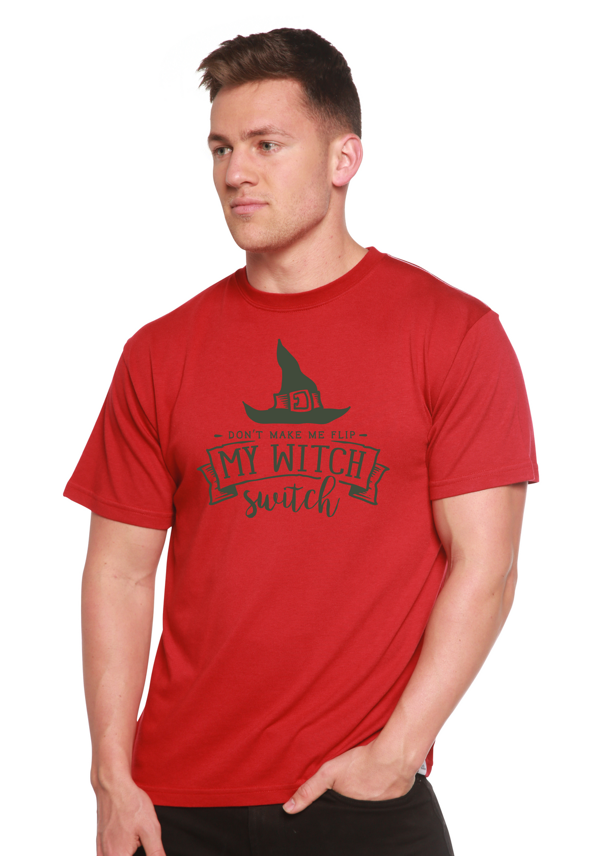 Spun Bamboo men's unisex graphic T-shirt with witch design, short sleeve, made from bamboo viscose and organic cotton.