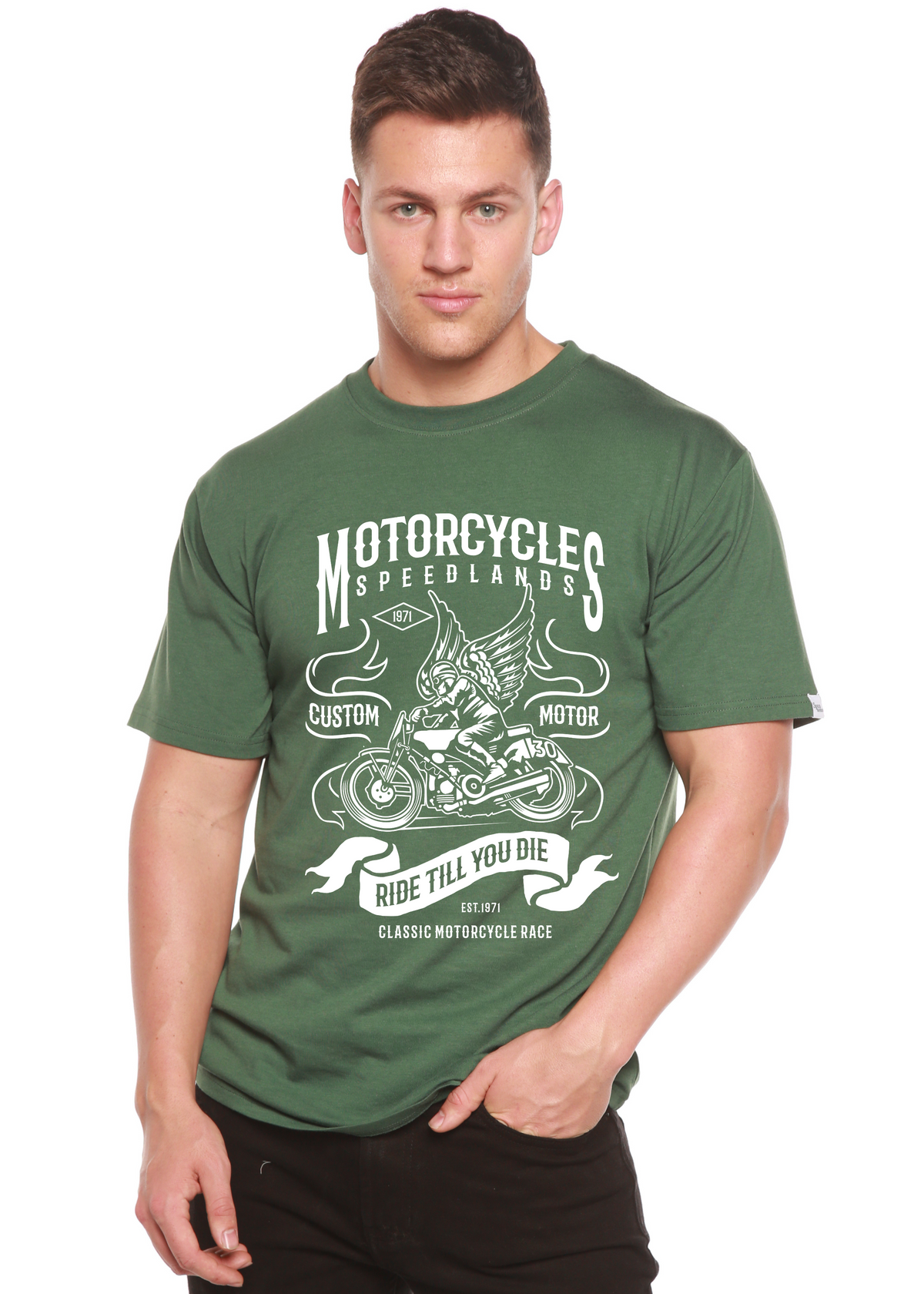 Men's Spun Bamboo motorcycle graphic T-shirt made of bamboo viscose and organic cotton with short sleeves and printed design.