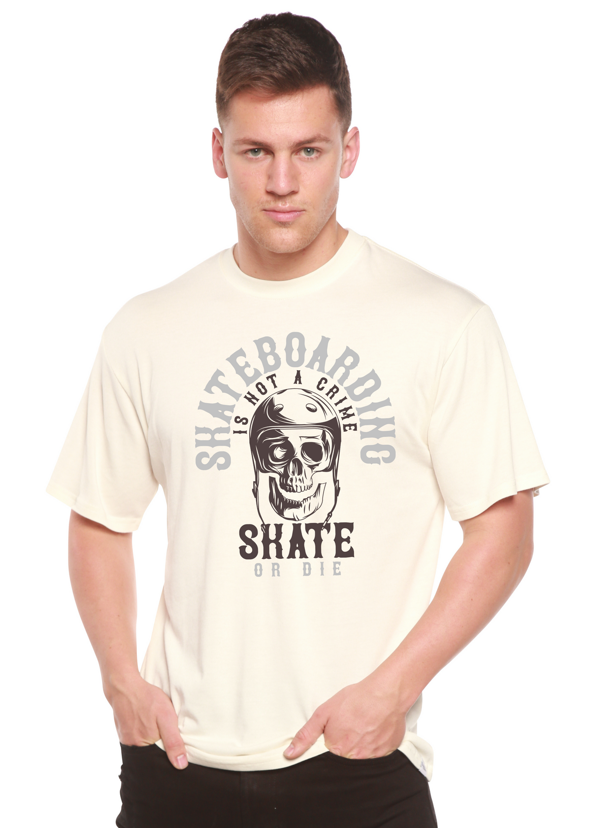 Men's skateboarding graphic t-shirt by Spun Bamboo, short sleeve, made from bamboo viscose and organic cotton, featuring printed design.