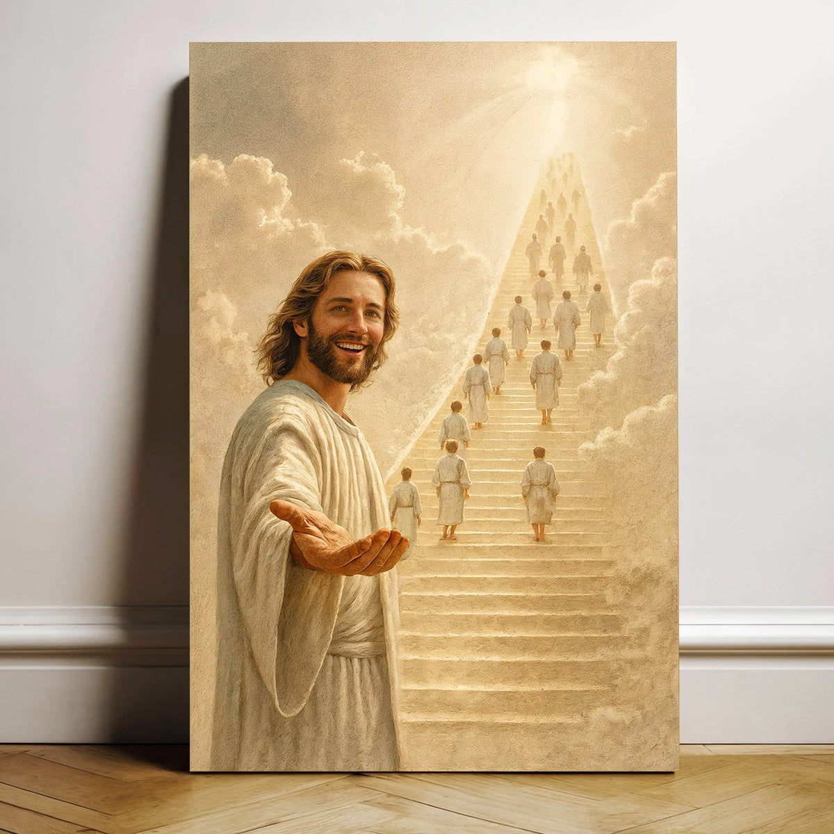 Canvas wall art featuring a stairway to heaven with faith-themed design by Tailored Canvases, displayed on a white wall.