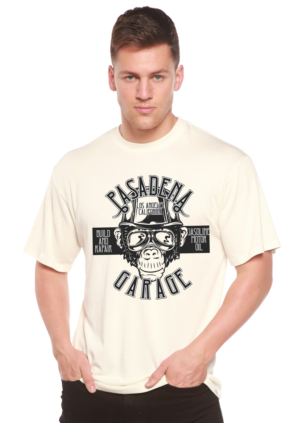 Men's Spun Bamboo Pasadena Garage graphic T-shirt in bamboo viscose and organic cotton with a bold printed design.