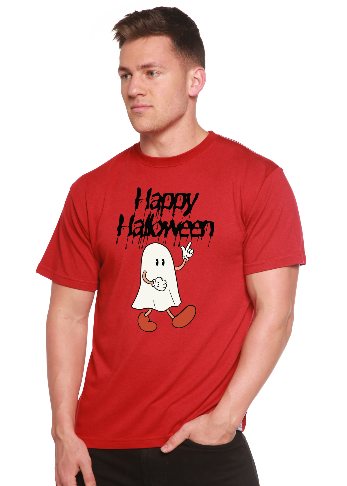 Happy Halloween men's graphic T-shirt by Spun Bamboo, short sleeve with Halloween-themed print on bamboo viscose and organic cotton fabric.