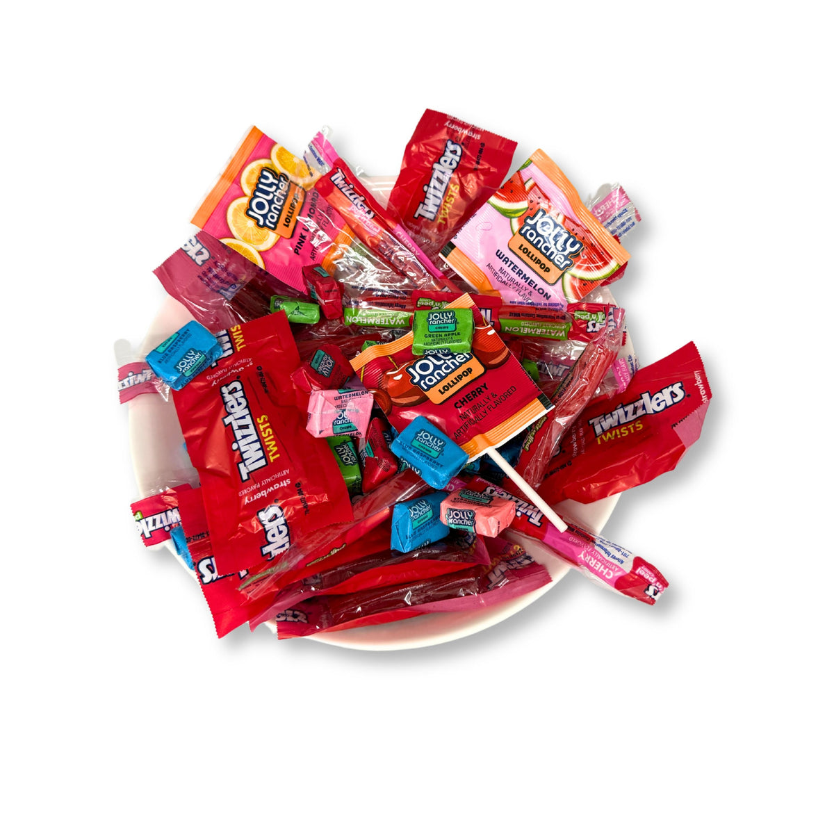 Assorted Candy In Bulk Sweet Mix with Twizzlers, Jolly Rancher Chews, and Lollipops in colorful wrappers and packaging.