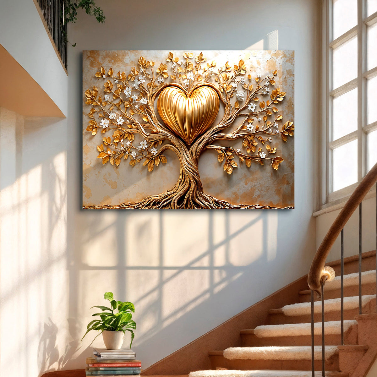 Golden tree heart wall art on canvas by Tailored Canvases, featuring a vibrant, leafy design perfect for home decor.