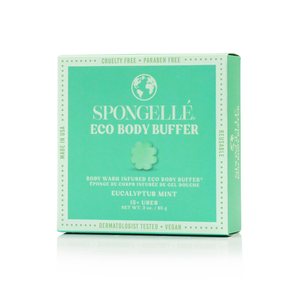Eucalyptus Mint Eco Body Buffer by Spongellé, a body wash infused buffer with fresh eucalyptus and mint scent, showing the textured sponge.