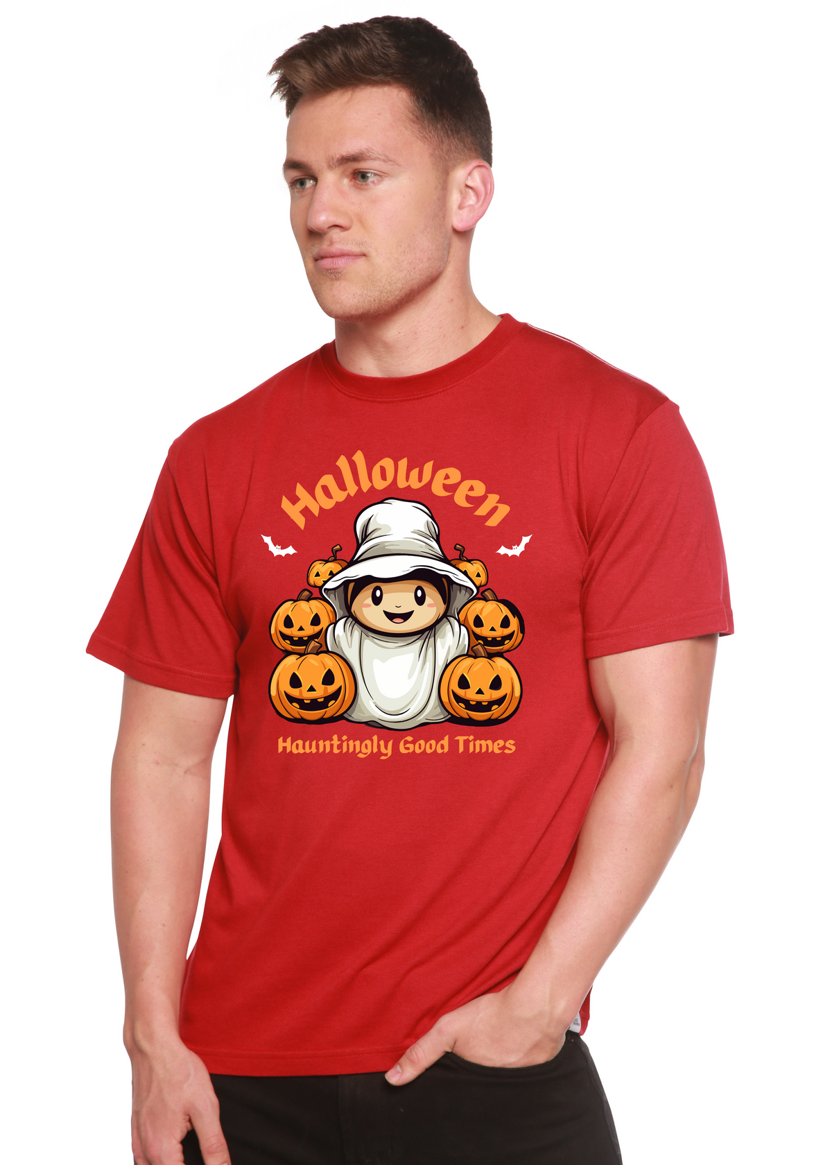 Spun Bamboo men's Halloween graphic t-shirt with short sleeves, featuring hauntingly good times design in bamboo viscose and organic cotton.