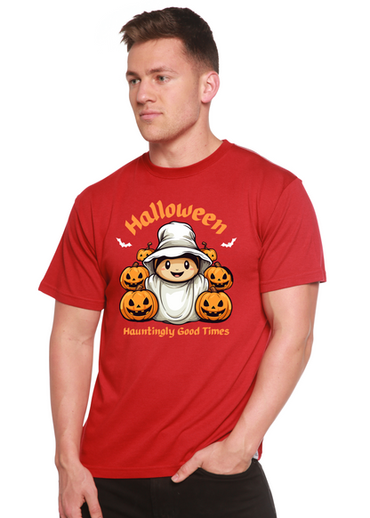 Spun Bamboo men's Halloween graphic t-shirt with short sleeves, featuring hauntingly good times design in bamboo viscose and organic cotton.