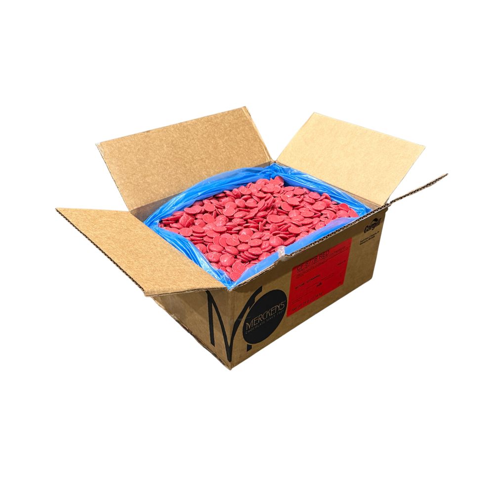 Red vanilla-flavored chocolate candy coating and melting wafers from Candy In Bulk in a bulk value bag, perfect for decorating and baking.