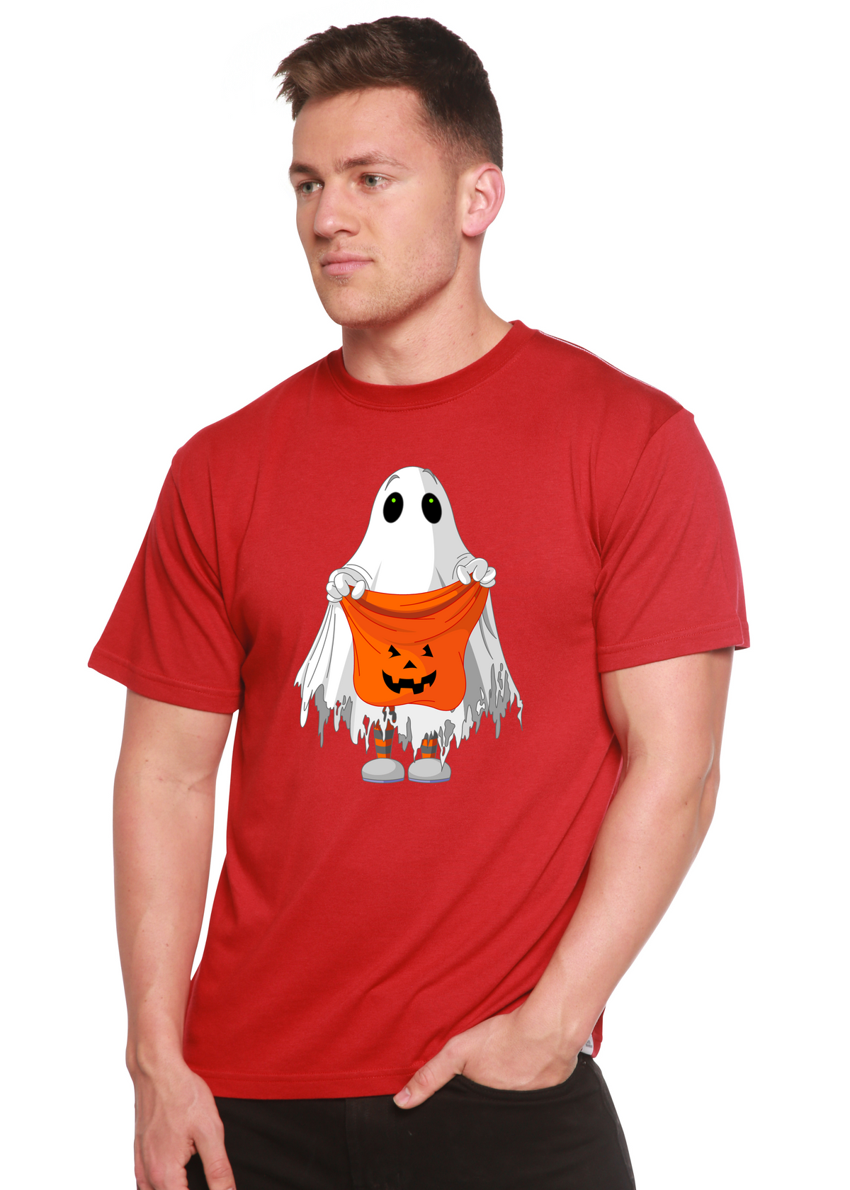 Men's Boo Halloween graphic T-shirt by Spun Bamboo, short sleeve with spooky printed design in bamboo viscose and organic cotton fabric.