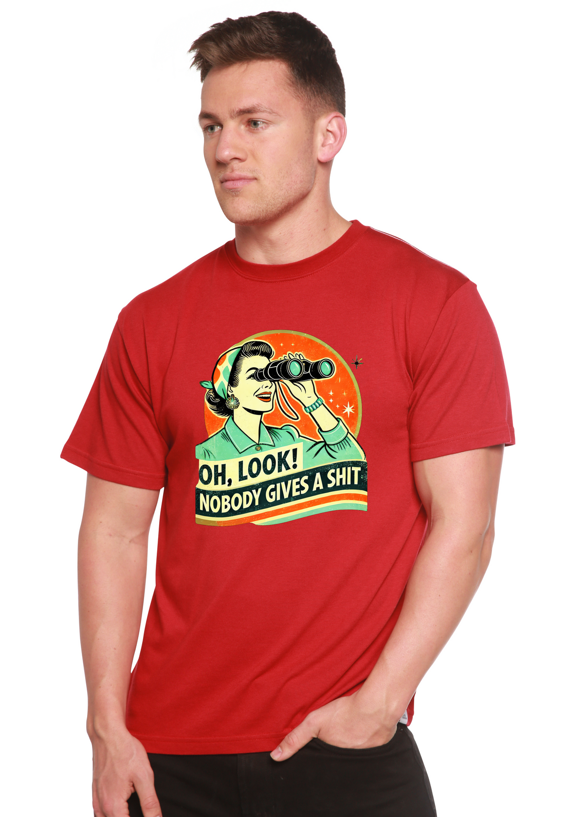 Funny retro woman unisex bamboo cotton graphic T-shirt by Spun Bamboo, featuring a bold printed design on the front.