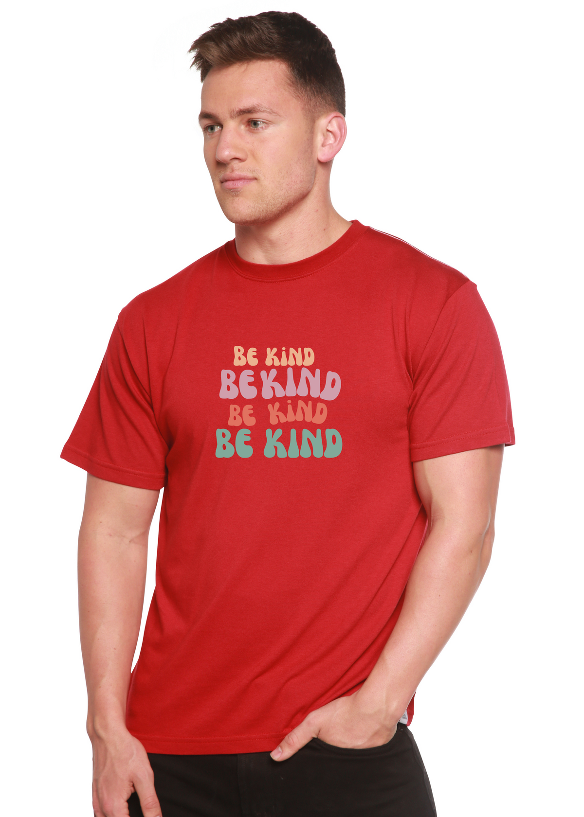 Men's printed T-shirt by Spun Bamboo featuring a Be Kind graphic, made from bamboo viscose and organic cotton fabric.
