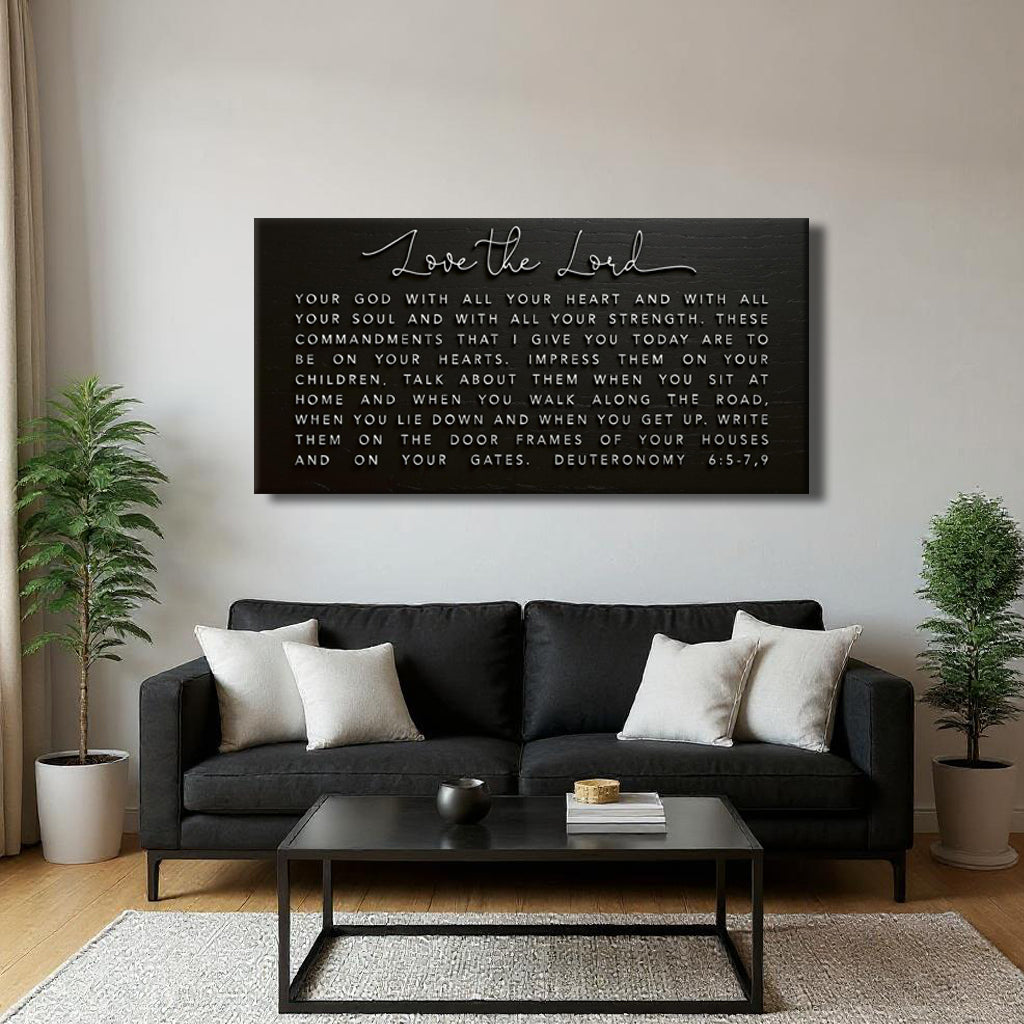 Canvas faith sign with Deuteronomy 6:5-9 Bible verse, featuring inspiring religious message on natural-colored background.