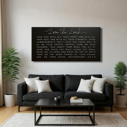 Canvas faith sign with Deuteronomy 6:5-9 Bible verse, featuring inspiring religious message on natural-colored background.