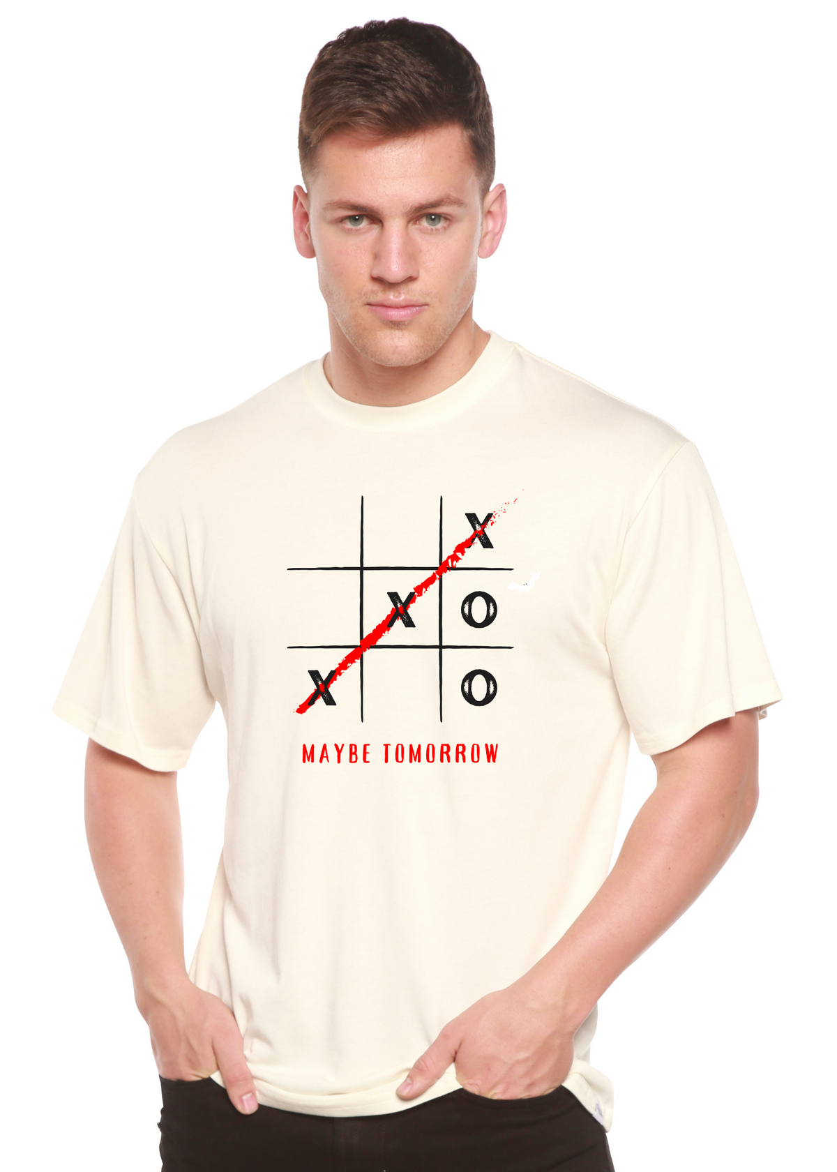 Spun Bamboo Maybe Tomorrow unisex bamboo cotton graphic T-shirt with printed design, casual men's apparel in black and white.