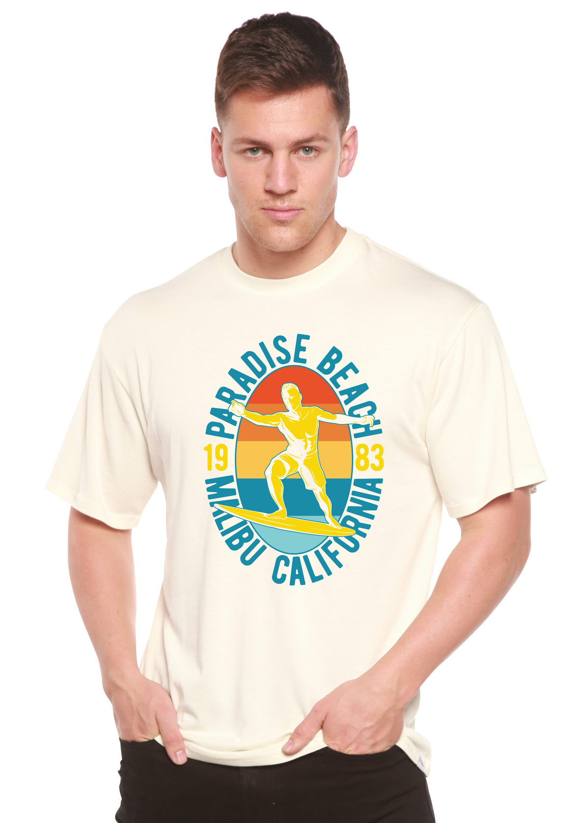 Men's Paradise Beach 1983 Spun Bamboo graphic T-shirt in bamboo viscose and organic cotton with a colorful beach design.