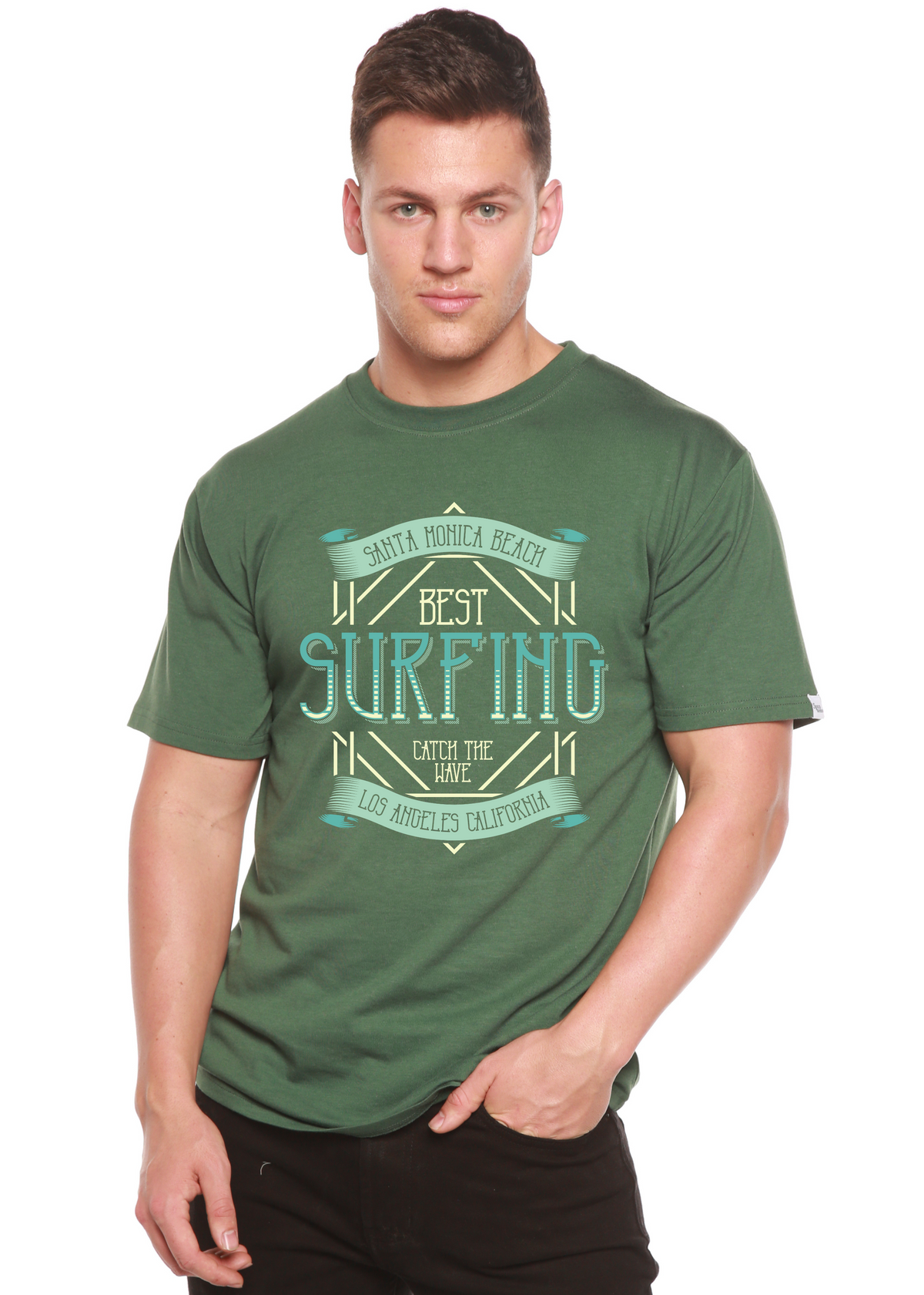 Men's Spun Bamboo graphic T-shirt made of bamboo viscose and organic cotton, featuring a colorful surfing-inspired print.