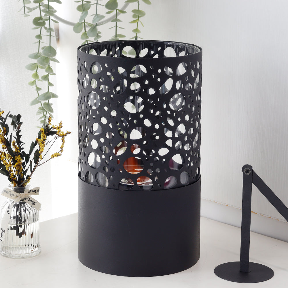 JHY DESIGN tabletop fireplace with 7"x7"x12" gel and ethanol fire feature, showcasing sleek design and burning flames on a flat surface.
