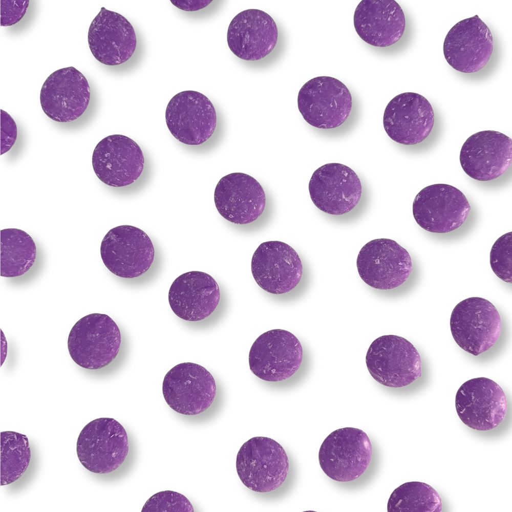 Purple vanilla-flavored candy coating and melting wafers by Candy In Bulk, shown in a bulk value bag with chocolate-colored wafers.