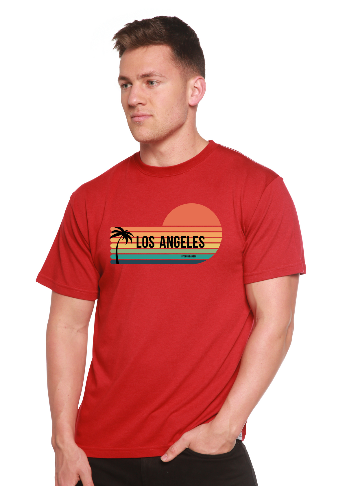 Men's printed T-shirt by Spun Bamboo featuring graphic design, made from bamboo viscose and organic cotton, short sleeve style.