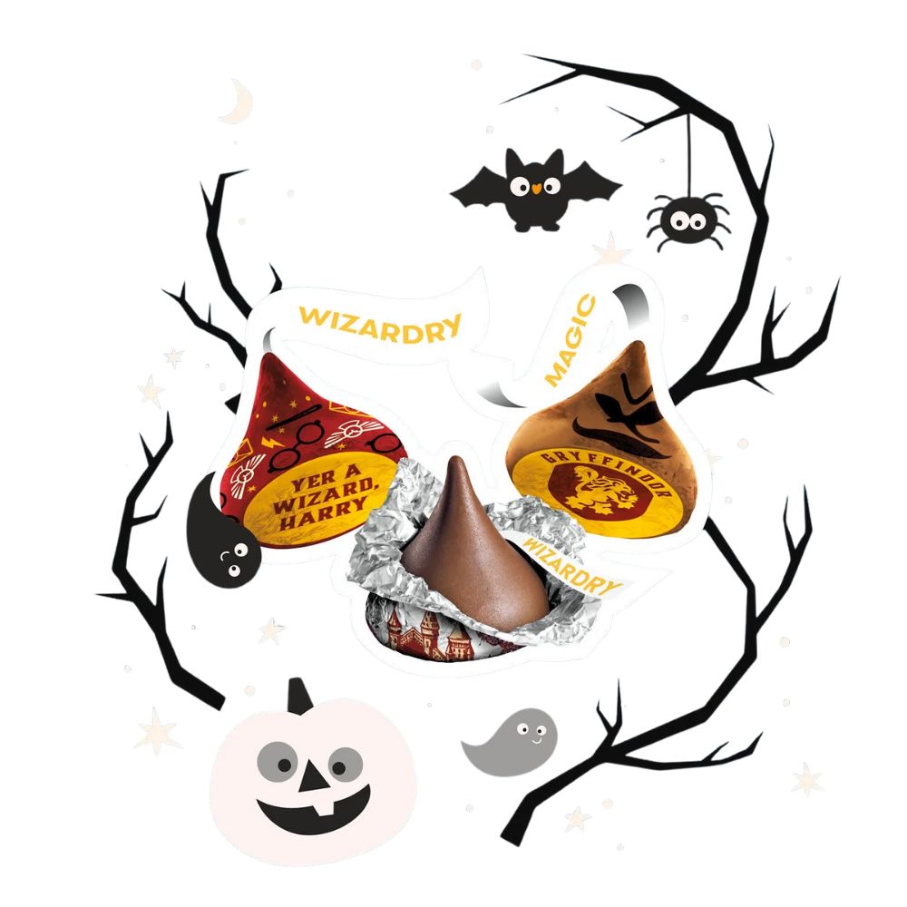 Hershey's Kisses Milk Chocolate candies with Harry Potter-themed foil wrappers, bulk value bag from Candy In Bulk.