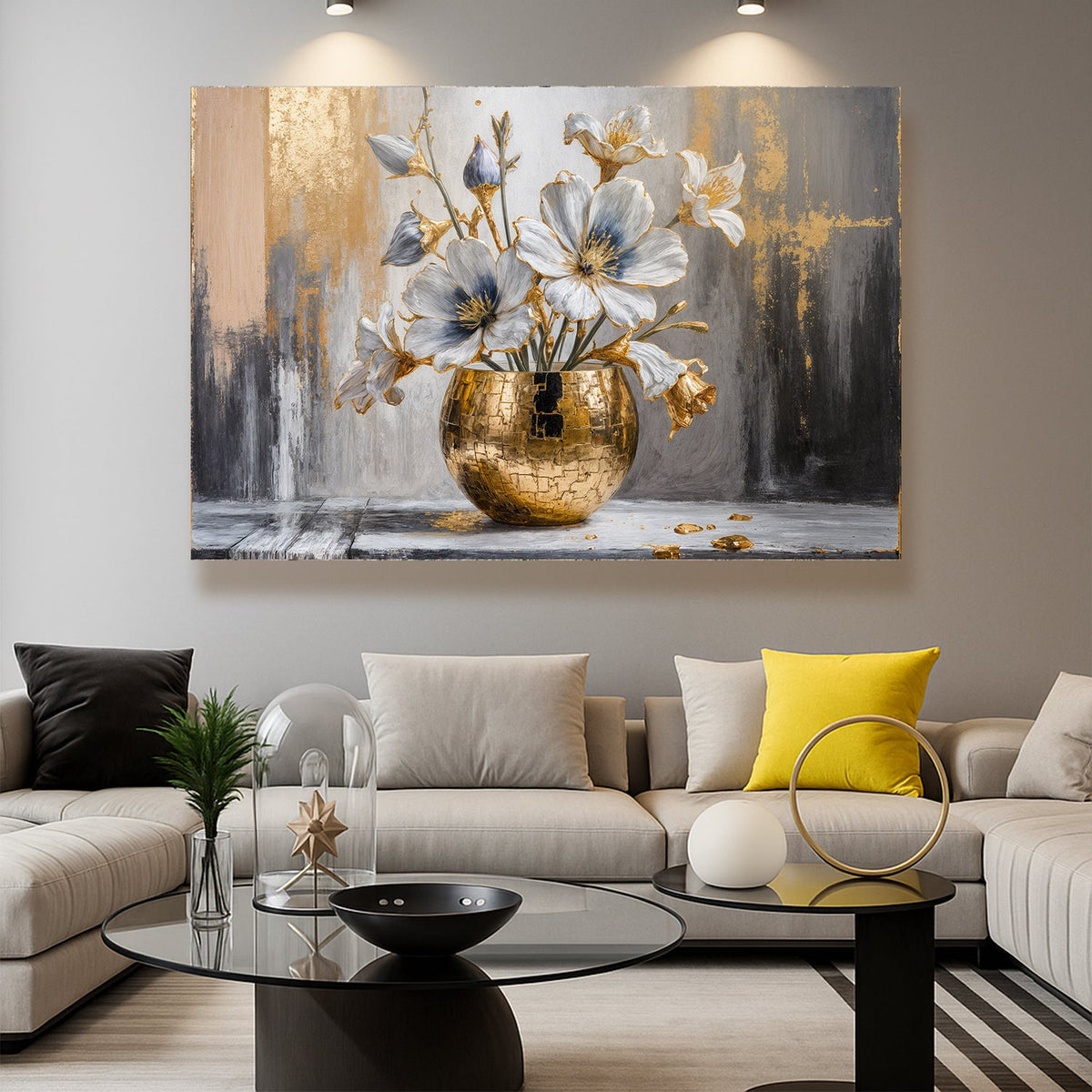 Magnolia Bloom in Gold abstract canvas wall art by Tailored Canvases, featuring vibrant floral design on textured art piece.