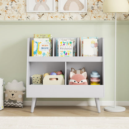 Kids storage furniture with a 5-cube bookshelf and toy organizer in colorful wood finish, ideal for kids' bedrooms or playrooms.