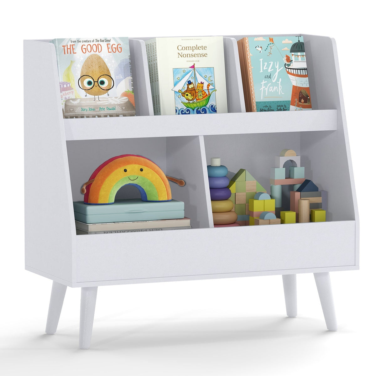 Kids storage furniture with a 5-cube bookshelf and toy organizer, made by GBruno Store for children's room organization.