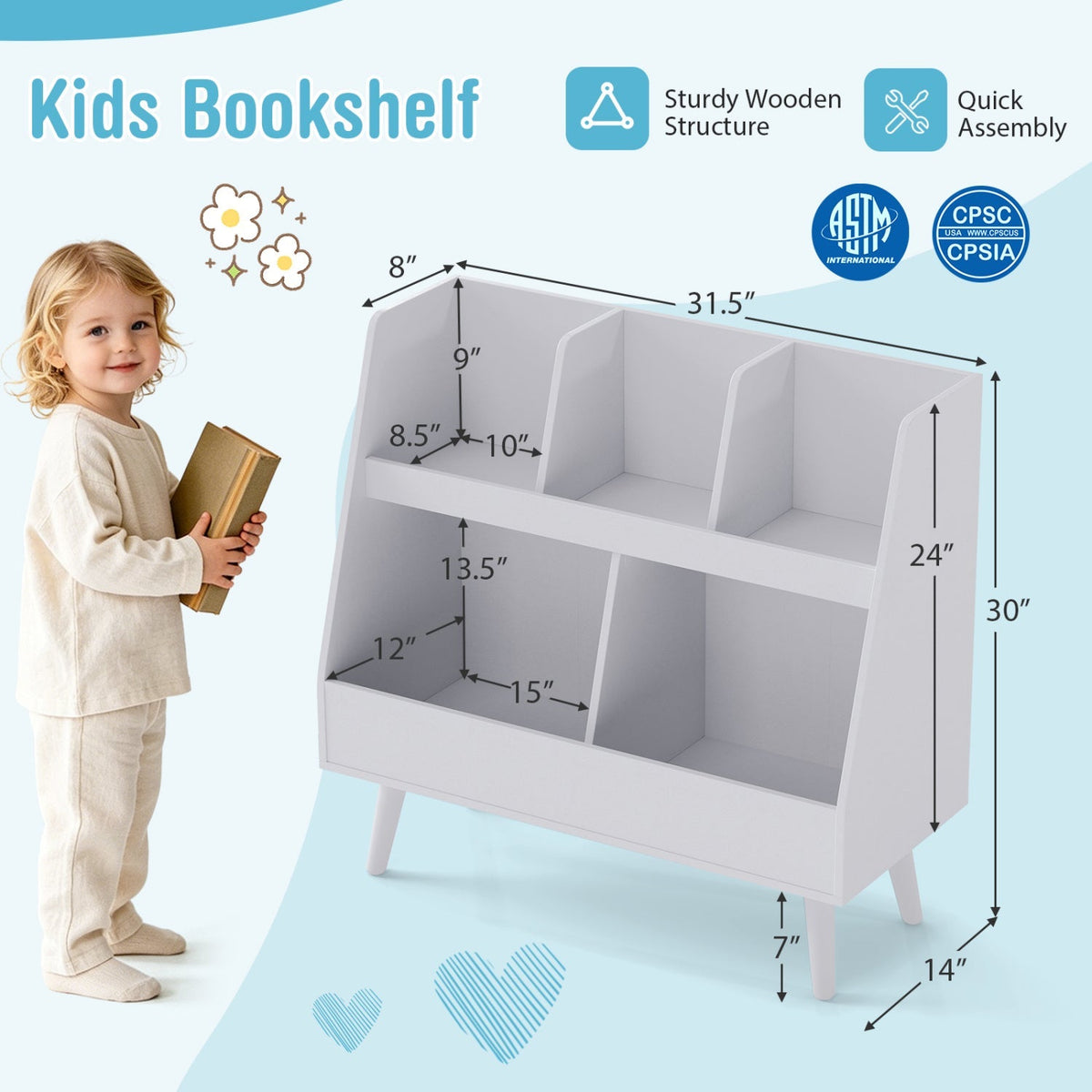 Kids storage furniture with a 5-cube bookshelf and toy organizer, ideal for children's room organization.
