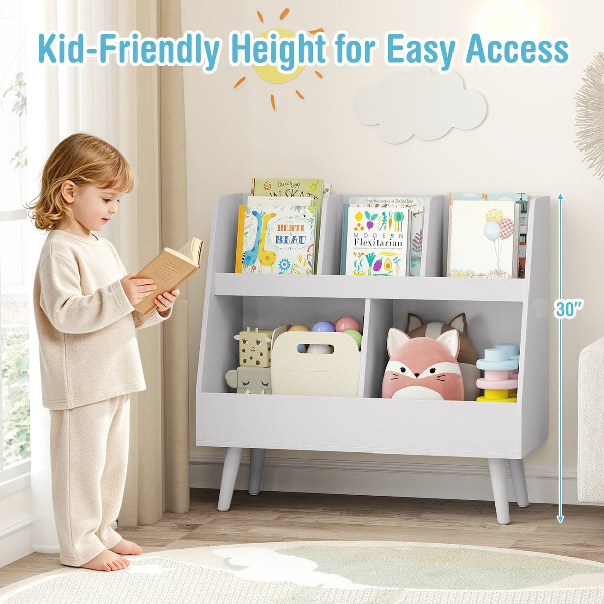 Kids storage furniture: GBruno Store 5-cube kids bookshelf and toy organizer with colorful compartments for children's room.