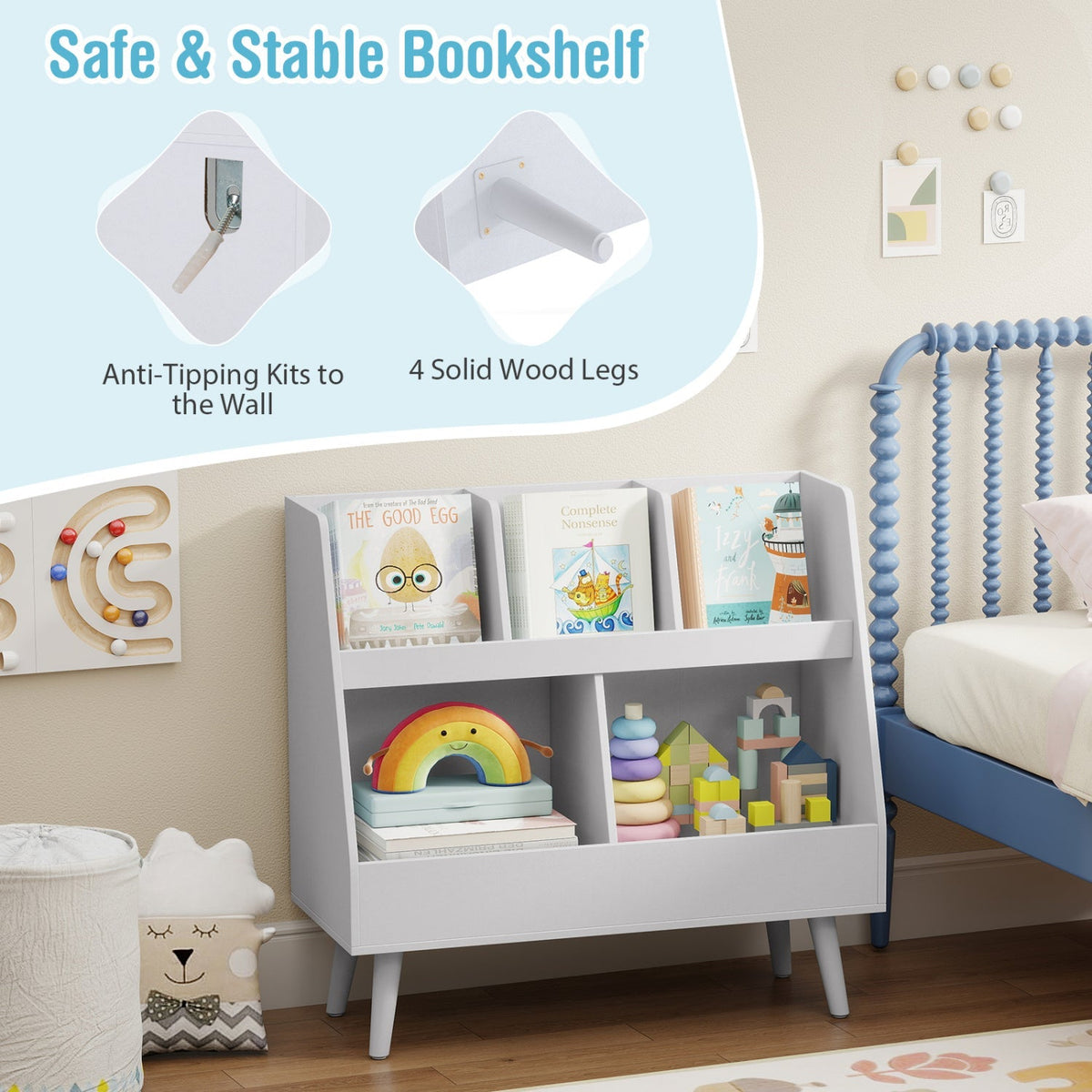 Kids storage furniture with a 5-cube bookshelf and toy organizer, featuring colorful compartments for kids' books and toys.