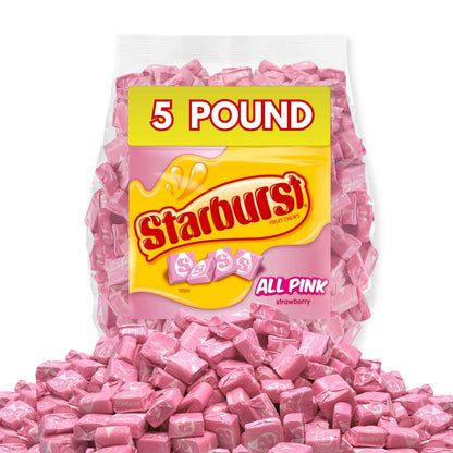 Five-pound bag of Candy In Bulk Starburst All Pink Fruit Chews featuring bright pink chewy candies in a large bulk package.