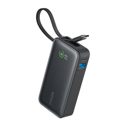Anker Nano 30W power bank with built-in USB-C cable for charging devices on the go.