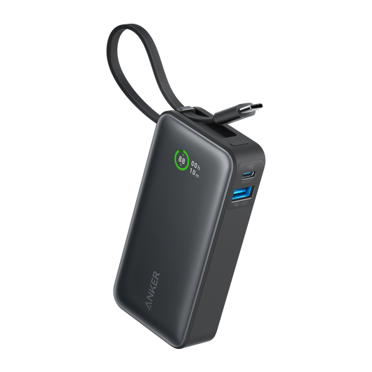 Anker Nano 30W power bank with built-in USB-C cable for charging devices on the go.