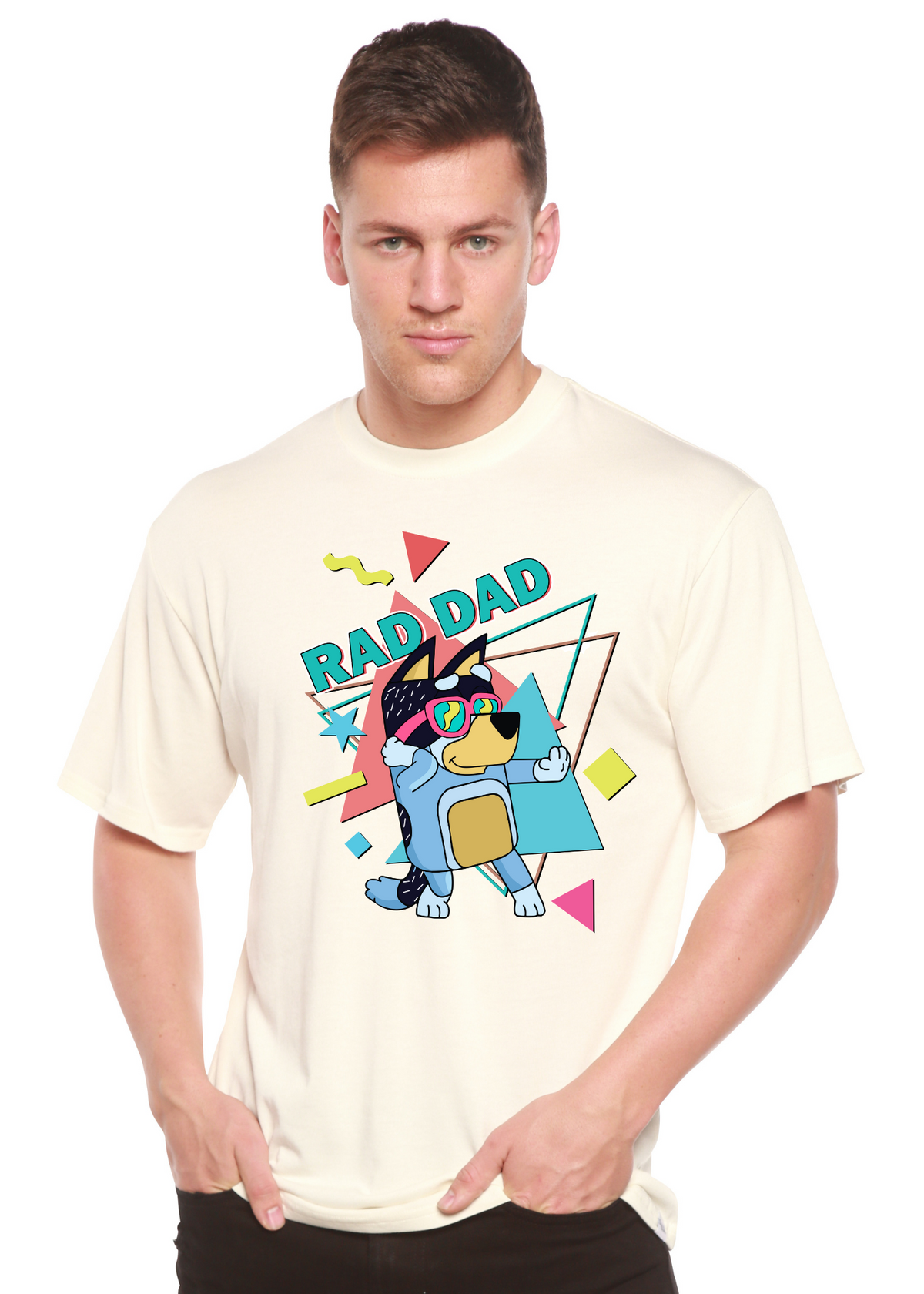 Spun Bamboo Rad Dad Bluey men's bamboo short sleeve graphic T-shirt with Bluey print and colorful design.