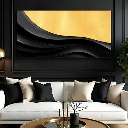 Black and gold minimalist abstract canvas artwork by Tailored Canvases featuring modern geometric design.