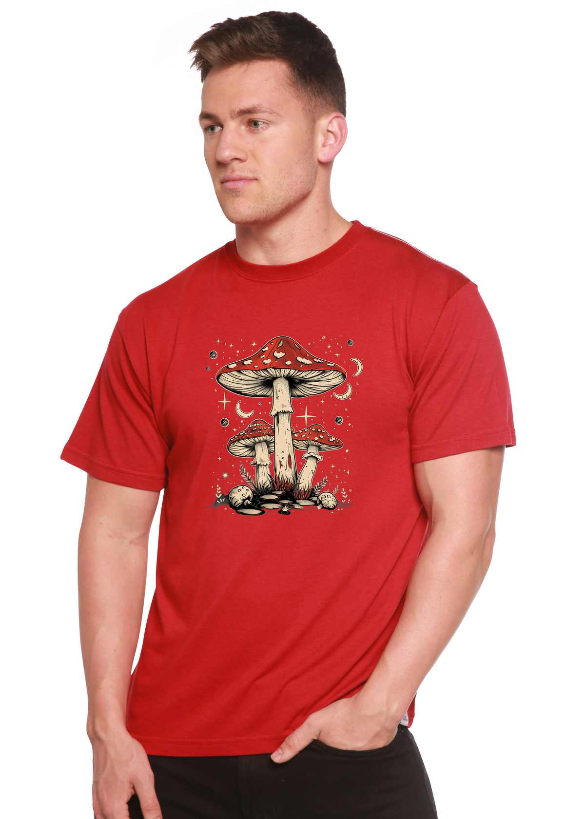 Mens printed Boho retro hippie mushrooms graphic T-shirt by Spun Bamboo, featuring natural bamboo and cotton fabric with colorful mushroom design.