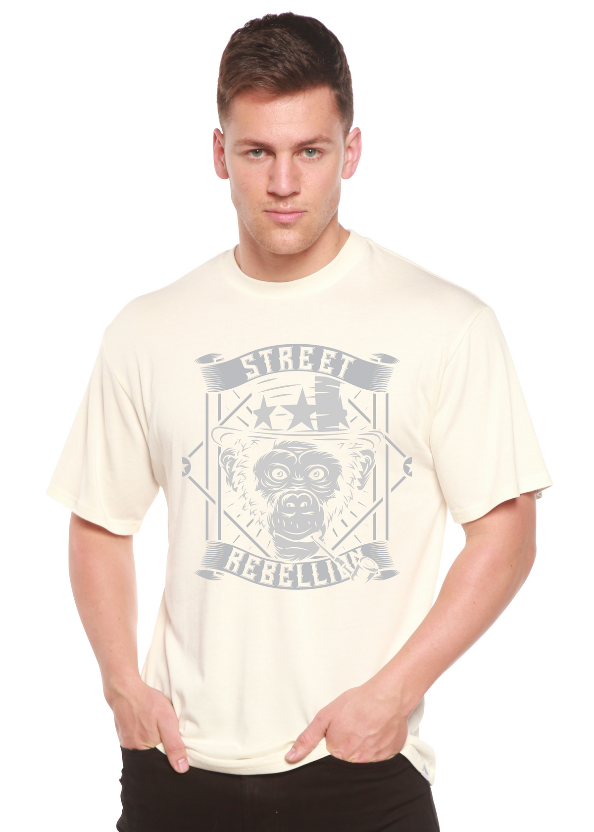 Men's printed graphic T-shirt made from bamboo viscose and organic cotton by Spun Bamboo, featuring a colorful front design.