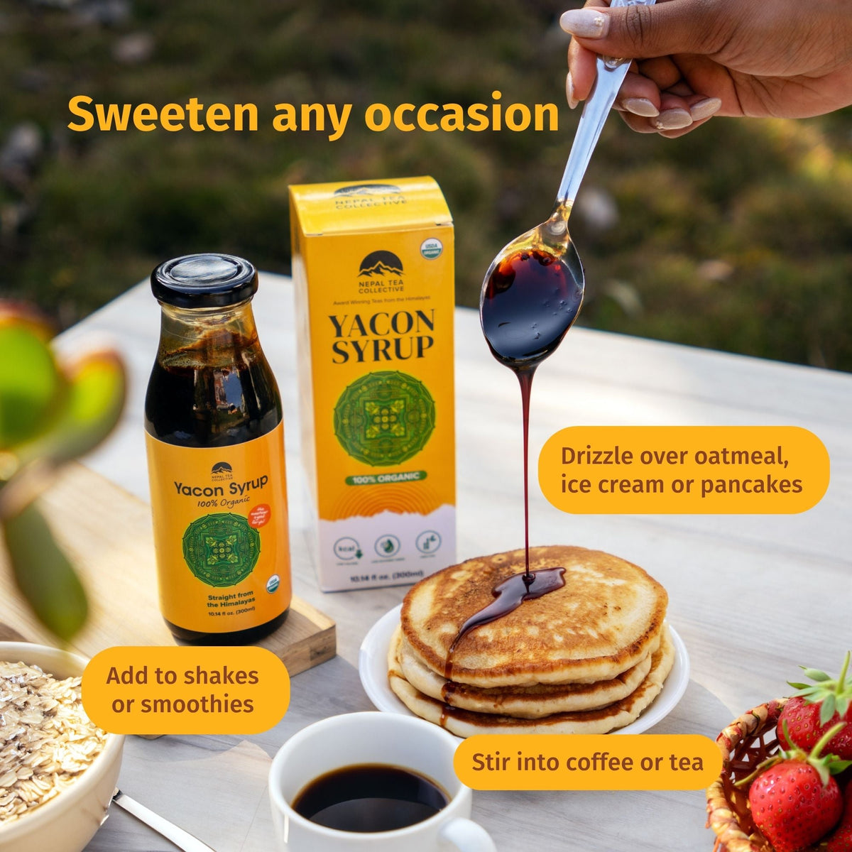 Organic Yacon Syrup bottle from Nepal Tea, showing the dark syrup inside a clear glass container with a white label.