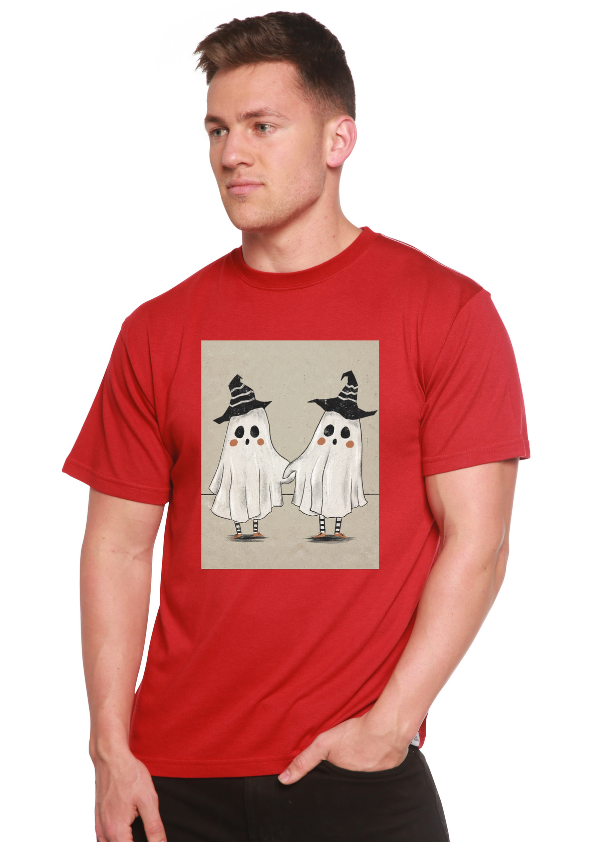 Mens Spun Bamboo ghost graphic T-shirt in bamboo viscose and organic cotton with short sleeves and playful ghost design.