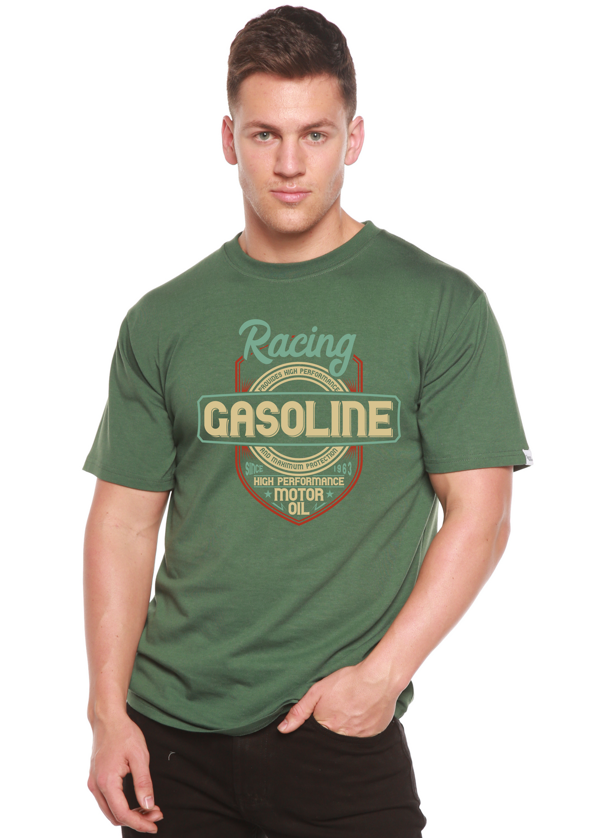 Spun Bamboo men's graphic T-shirt made of bamboo viscose and organic cotton, featuring a printed design and short sleeves.