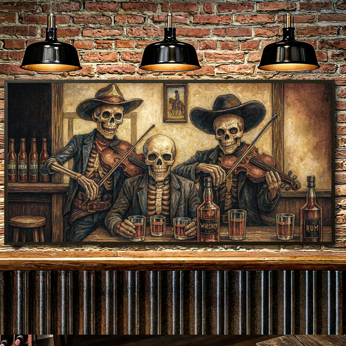 Western cowboy skeletons canvas wall art by Tailored Canvases featuring rustic skeleton figures in cowboy attire.