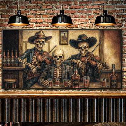 Western cowboy skeletons canvas wall art by Tailored Canvases featuring rustic skeleton figures in cowboy attire.