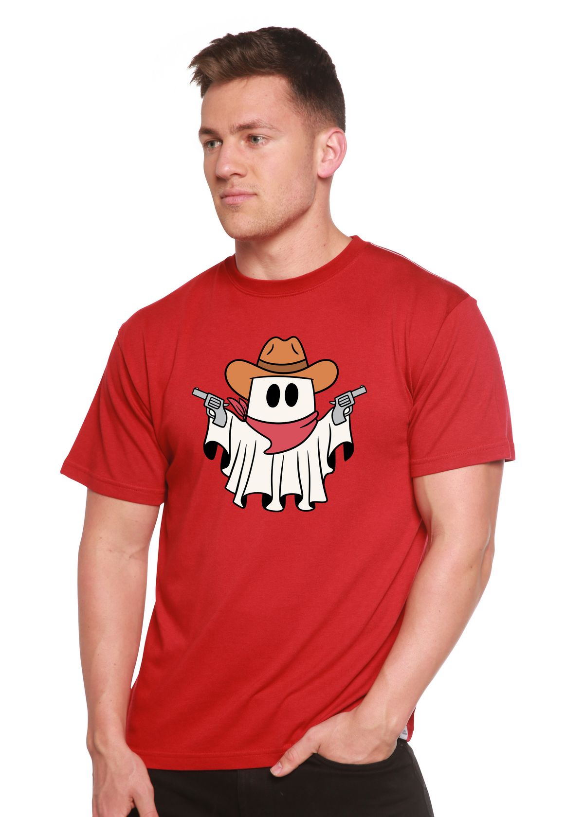 Spun Bamboo men's Cowboy Ghost graphic T-shirt in bamboo viscose and organic cotton with short sleeves and cowboy ghost print.