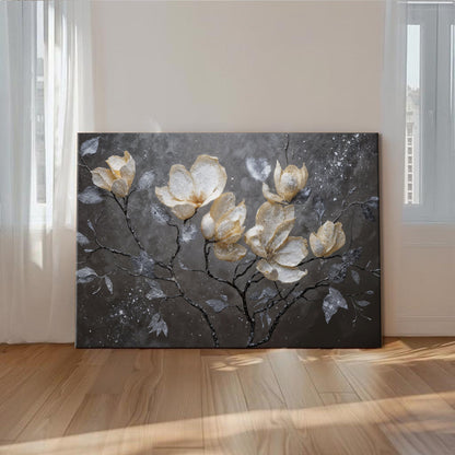 Elegant Midnight Magnolias wall art canvas by Tailored Canvases featuring dark floral design on textured fabric.
